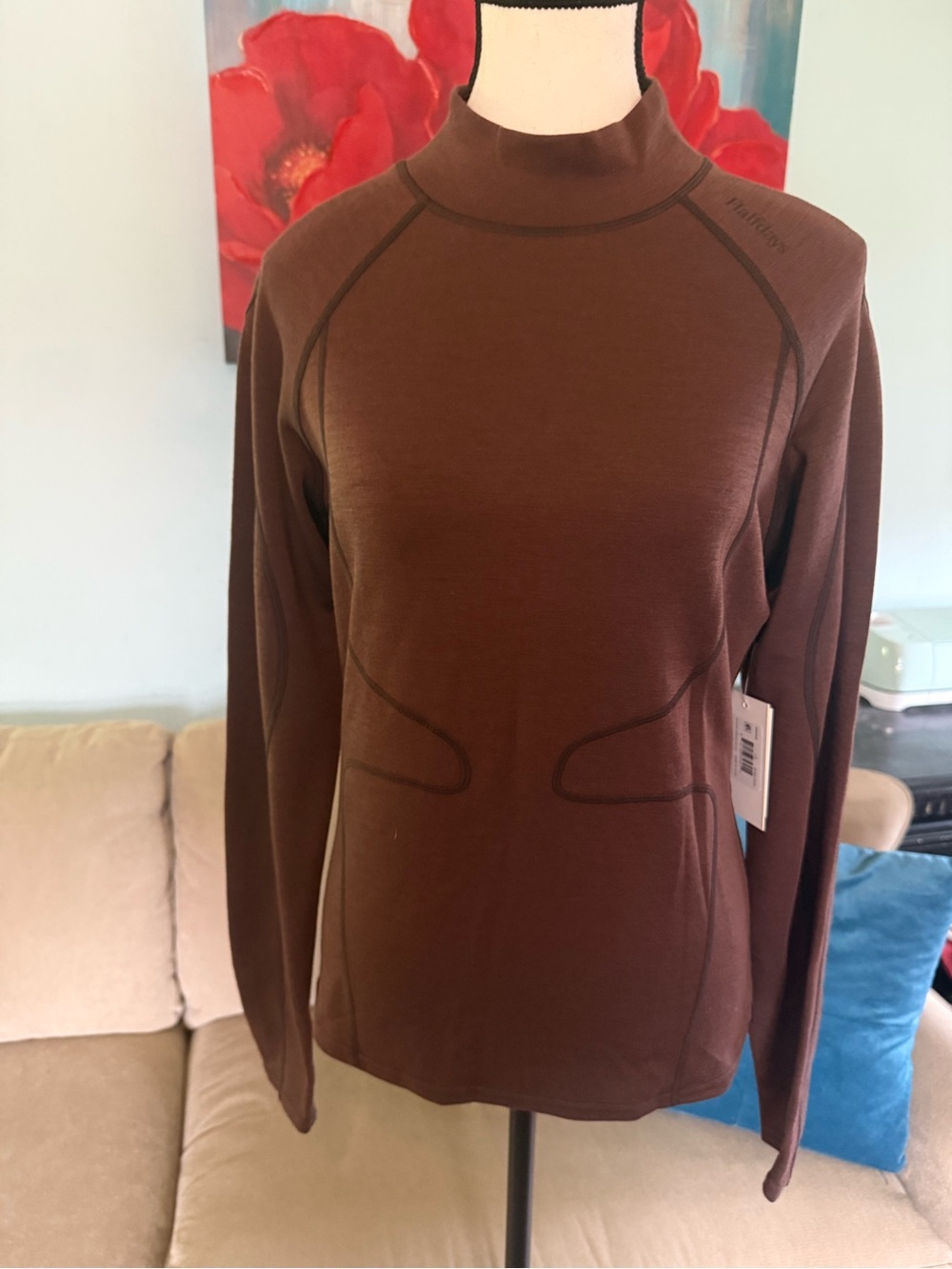 Halfdays Fay Merino Base Layer Top Women's L Brown Mock Neck Long Sleeve Wool